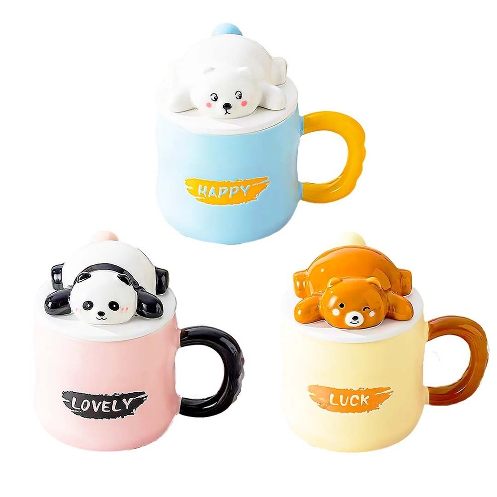 Kawaii Bear Ceramic Mug Set with Lid and Spoon – Fast DHL Shipping