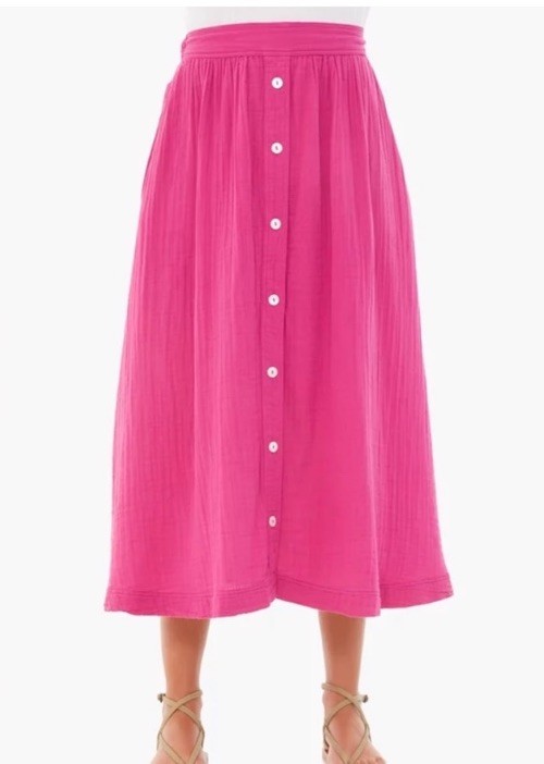 XIRENA Women's Medium Fuchsia Pink Teagan Midi Skirt Cotton Gauze Buttons EUC