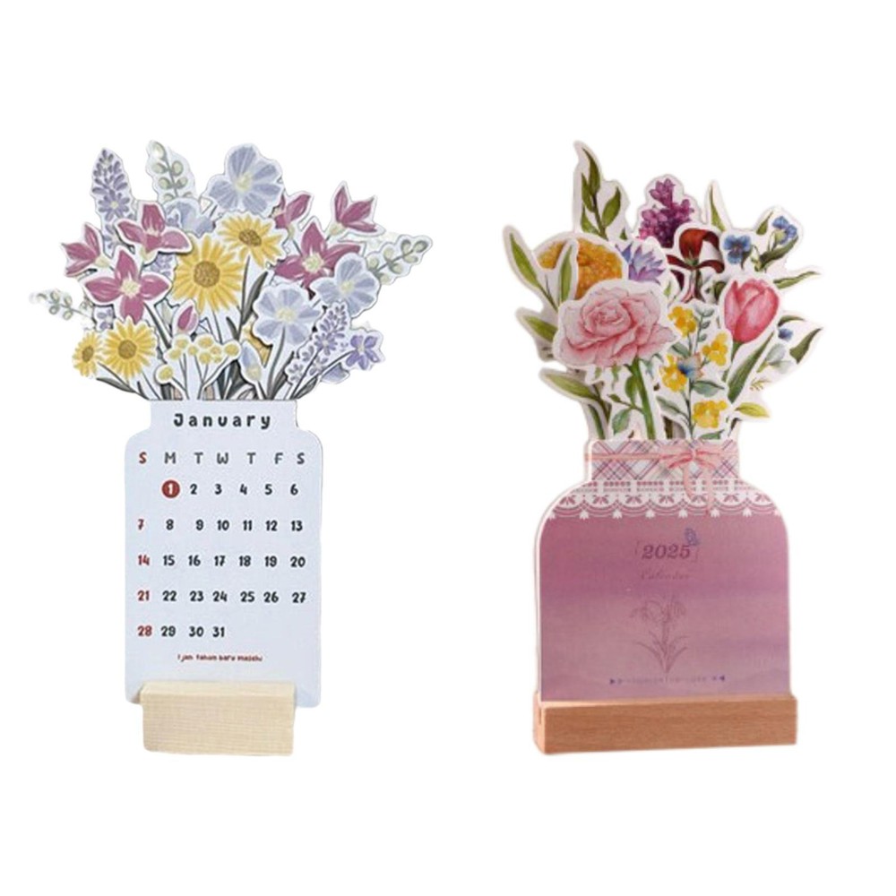 Bloomy Flowers Desk Calendar 2025 with Wooden Base Table Ornament Desktop