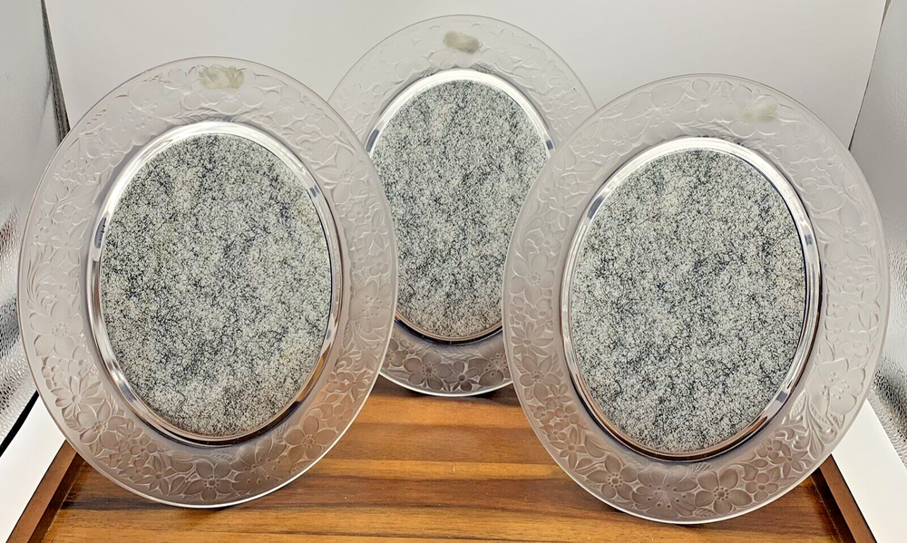 Set of 3 J.G. Durand Flora Crystal Frosted Glass Etched Oval Frames France 1990s