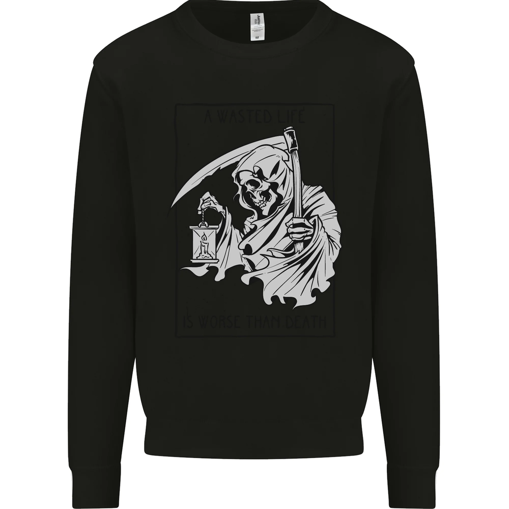 Wasted Life Grim Reaper Gothic Biker Skull Mens Sweatshirt Jumper