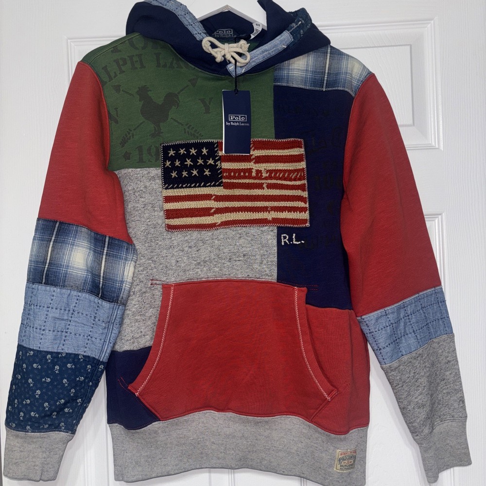 Polo Ralph Lauren Patchwork Hoodie Fleece Size Small Country American Flag NWT