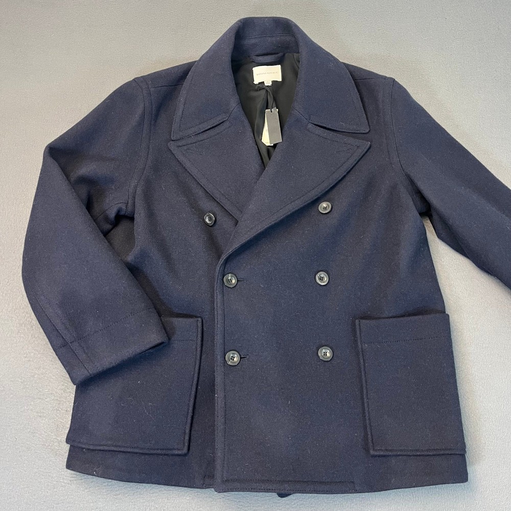 Banana Republic Italian Melton Peacoat Men's Lg Navy Wool Blend Double Breasted