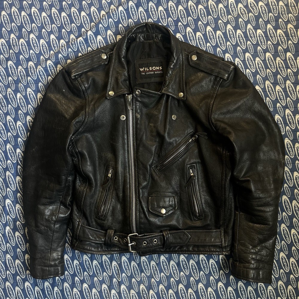Men's Wilson Black Vintage Motorcycle Leather Jacket with Straps