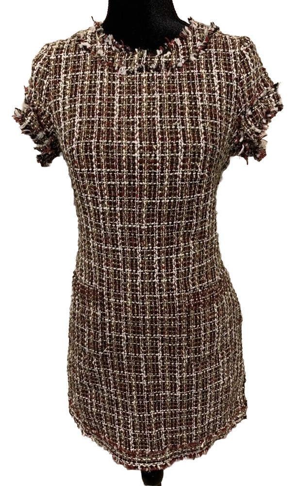 NWT Mi Ami Dress Womens Small Gold Fringe Multicolor Textured Tweed Sheath Dress