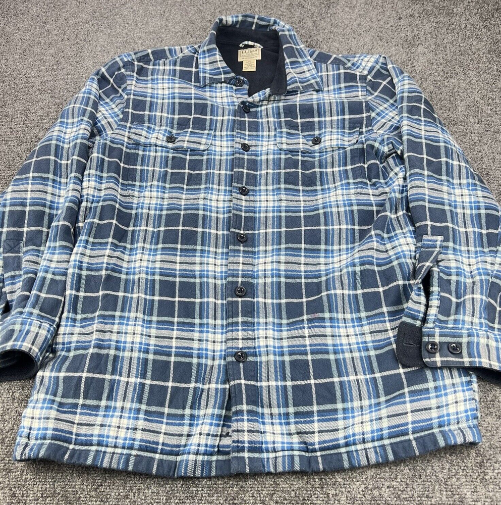 Men's Medium Blue Plaid Fleece-Lined Flannel Shirt Jacket with Pockets by LL Bean  