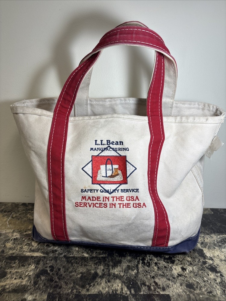 Vintage LL Bean Medium Boat & Tote Canvas Bag in Navy Blue & Red Freeport USA
