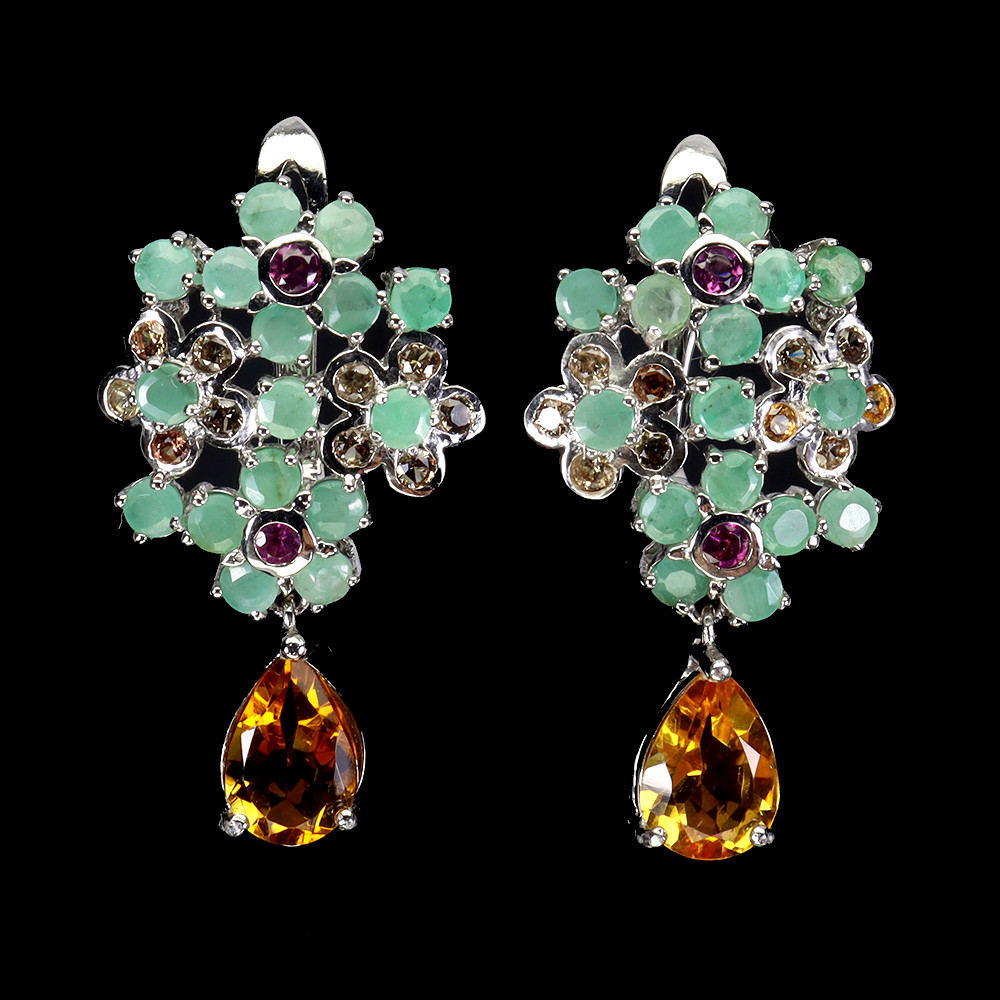 925 Sterling Silver Gemstone Earrings with Pear Citrine Emerald Garnet Sapphire