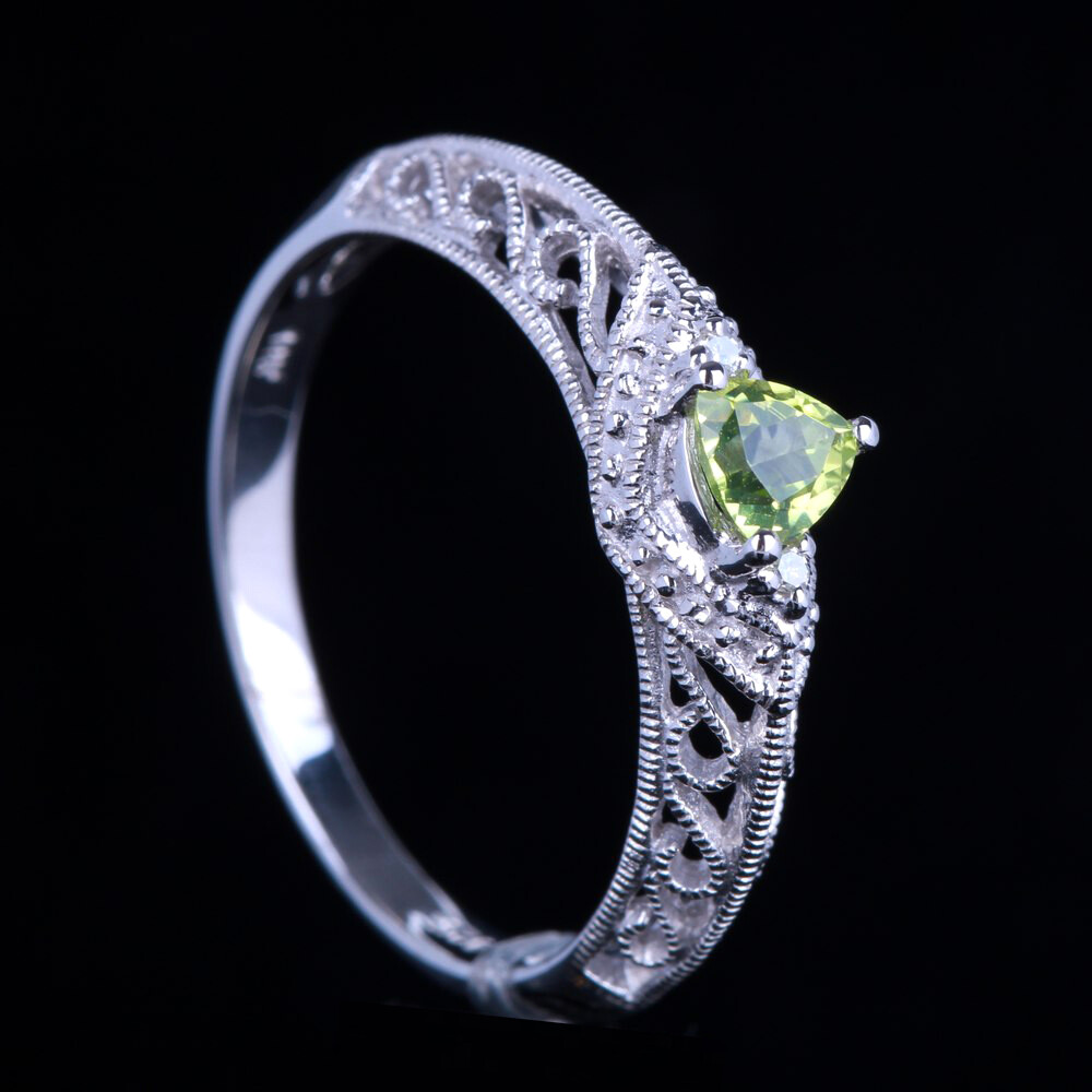 14k White Gold Trillion Cut Peridot Diamond Pave Engagement Wedding Ring