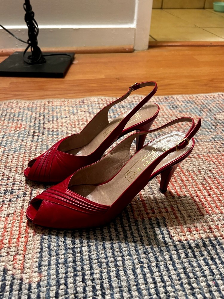 Bruno Magli AAA Peep Toe Slingback Pump Heels US W 5.5 Italy Leather Red Maroon