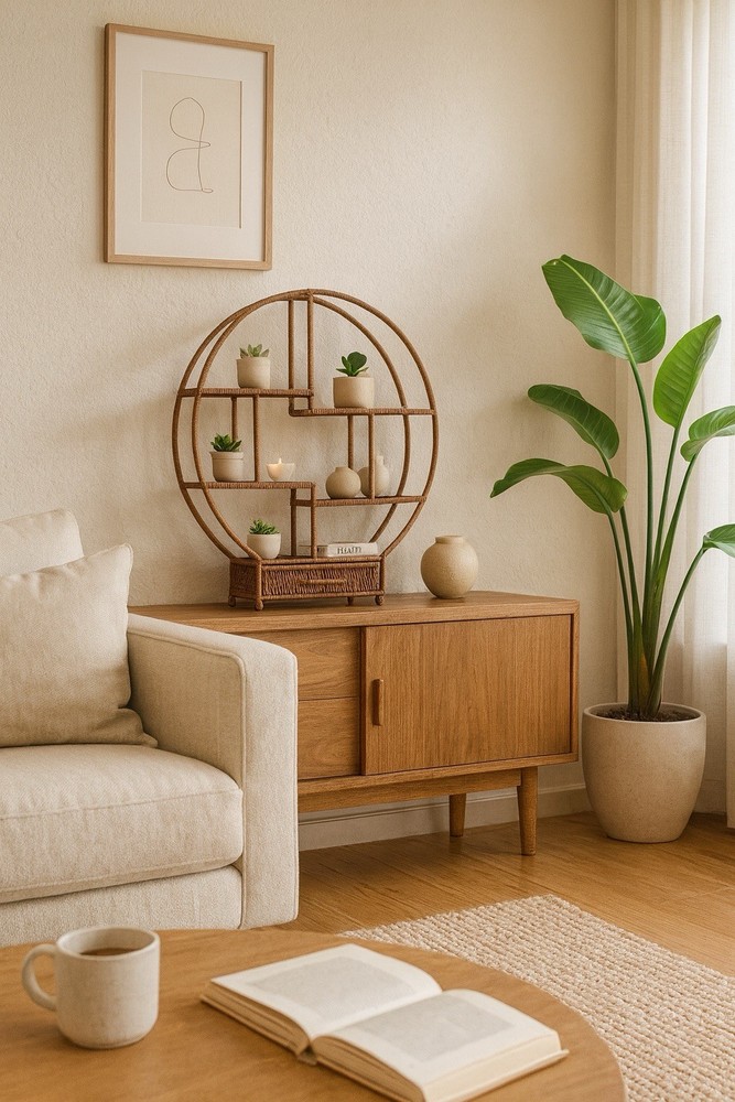 Round Rattan Moon Shelf with Drawer – Boho Wicker Display Stand 55×61cm