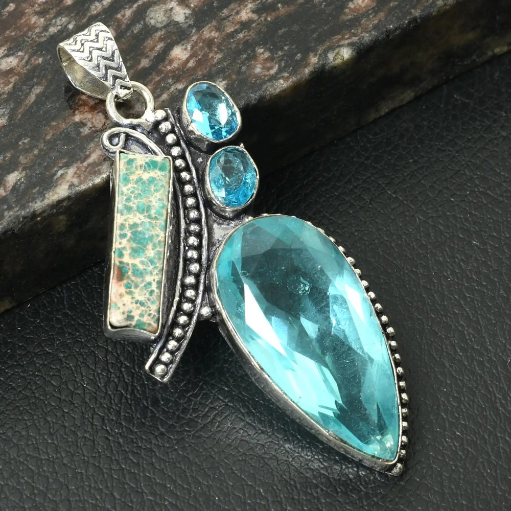 Sea Sediment Jasper Blue Topaz Gemstone Handmade Pendant Jewelry 2.8