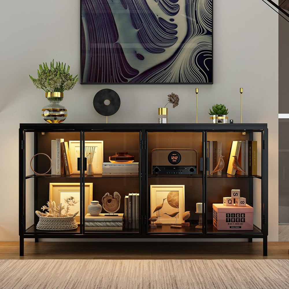 3-Color LED Storage Cabinet with Glass Shelves & 4 Compartments Sideboard