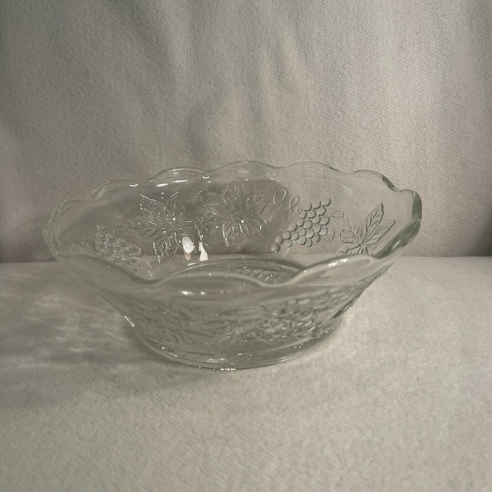 Vintage Clear Cut Glass Serving Bowl Featuring Grape Leaves and Starburst Design  