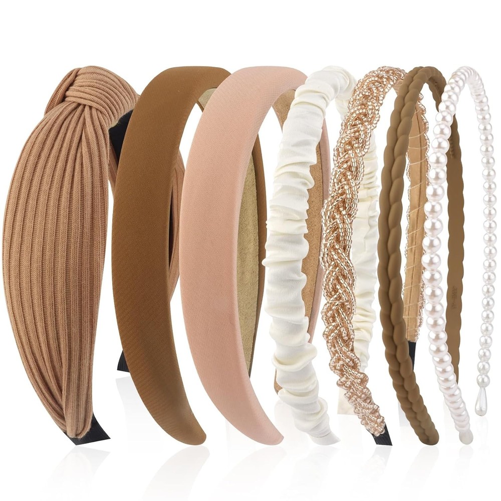 7 Pcs Different Headbands for Women Fashion Brown Knotted Solid Head Bands Pearl