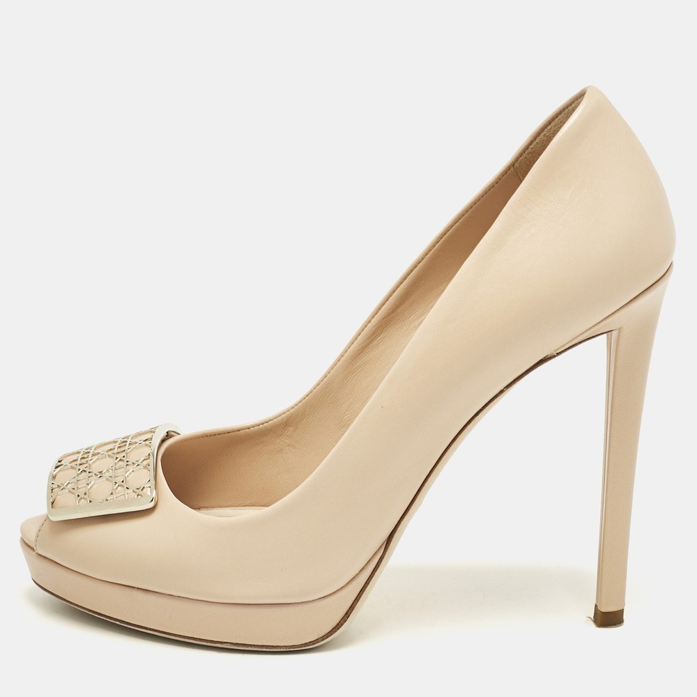 Dior Beige Leather Cannage Peep Toe Platform Pumps Size 38
