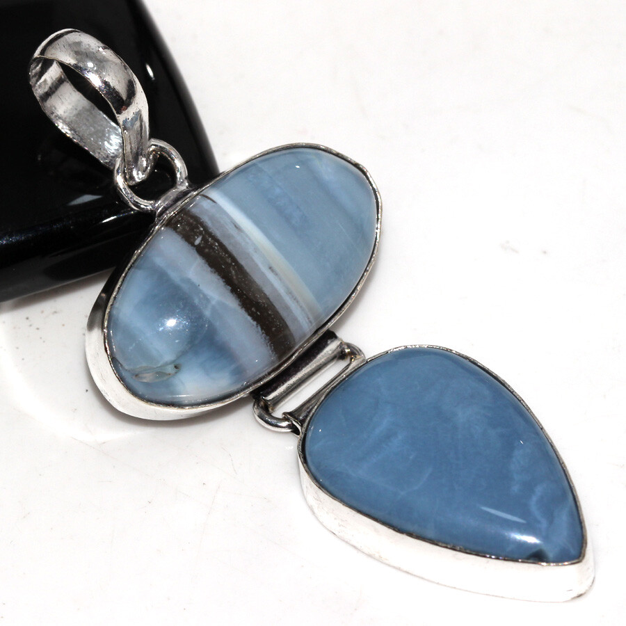 925 Silver Plated Owhyee Blue Opal Ethnic Long Pendant Jewelry Size 2.4