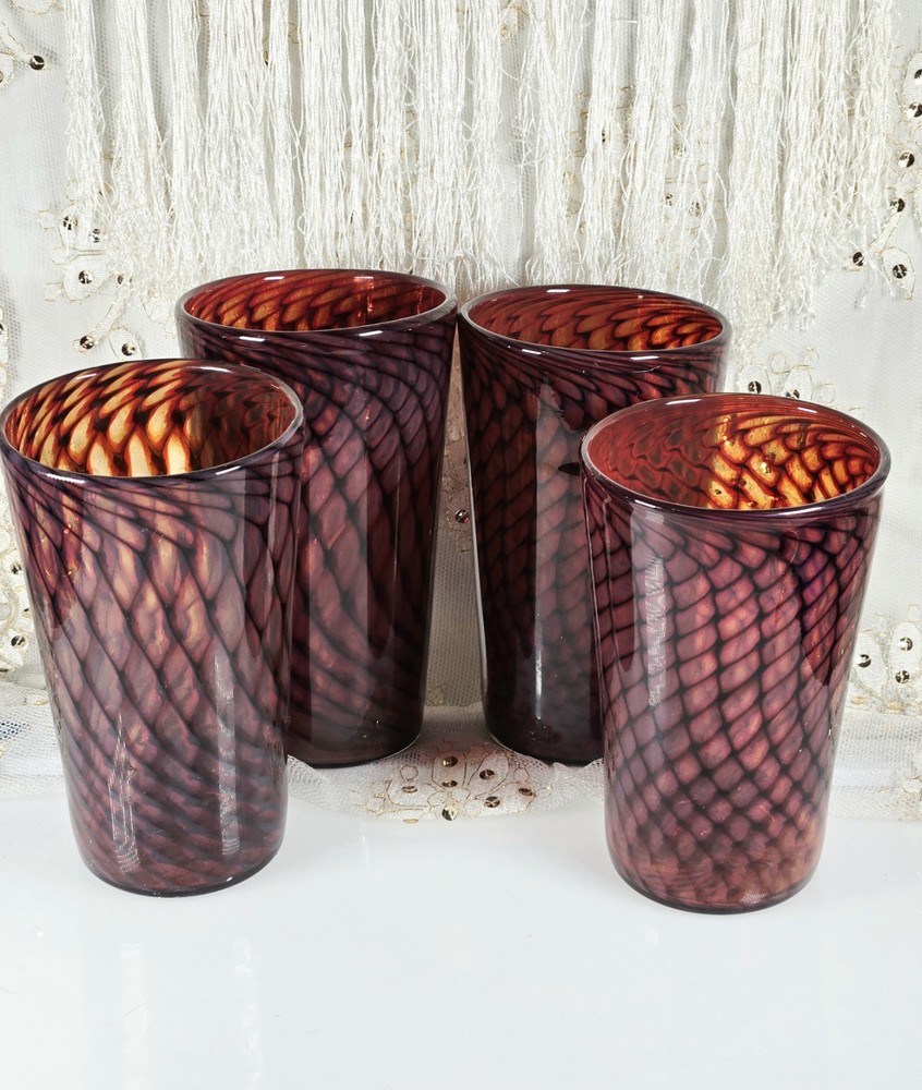 SET of 4 Hand Blown Rare Double Optic 16 oz Drinking Glasses/Tumblers