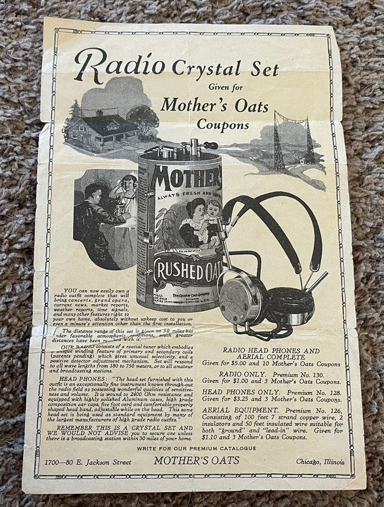 Antique 1924 Mother’s Oats Coupon Ad For Radio Crystal Set, Marquette Radio