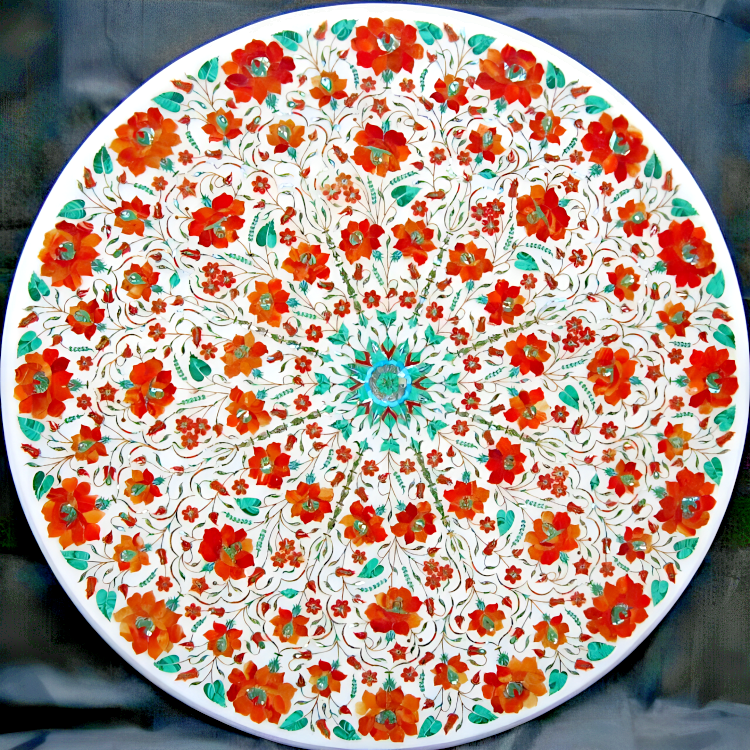 24-Inch Handmade White Marble Inlay Table Top for Home and Garden Decor