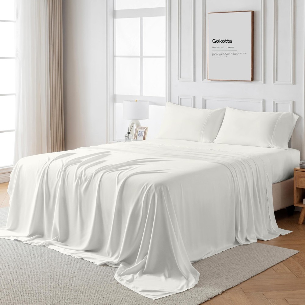 Full Size Luxury 4-Piece Bed Sheet Set 100% Bamboo Rayon Soft Breathable-image