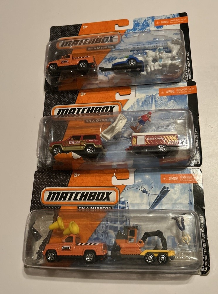 Lot of 3: Matchbox On A Mission Hitch n Haul Playsets Snow Construction Camper