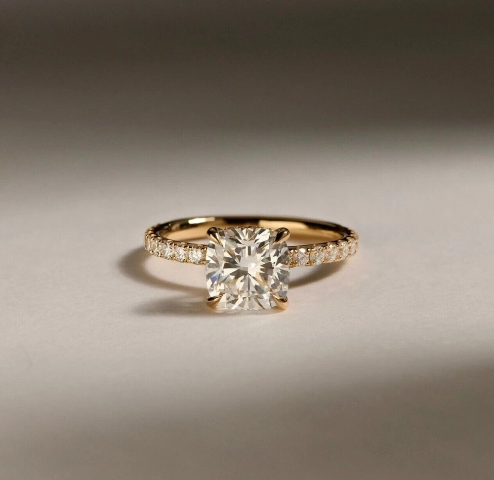 14k Yellow Gold Plated 2Ct Cushion Cut Moissanite Wedding Ring for Women