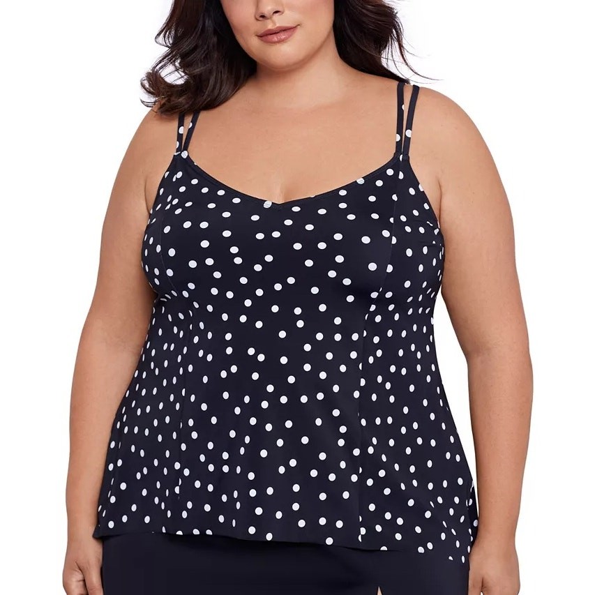 Swim Solutions Women Black Polka-Dot High-Low Swim Tankini Top Plus Size US 18