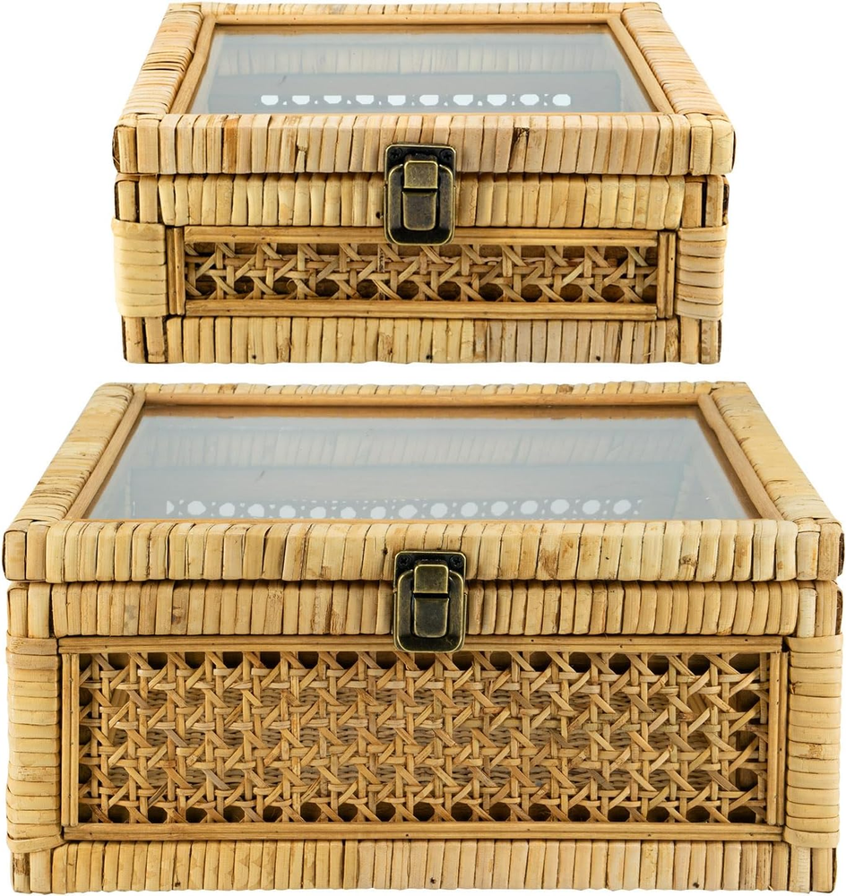 Rattan Square Box with Lid - Set of 2 Wicker Decorative Bins with Glass Cover fo