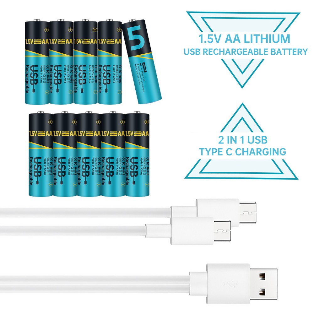 10Pcs High Capacity 1.5V Lithium AA Rechargeable Battery 2200mWh USB C Batteries