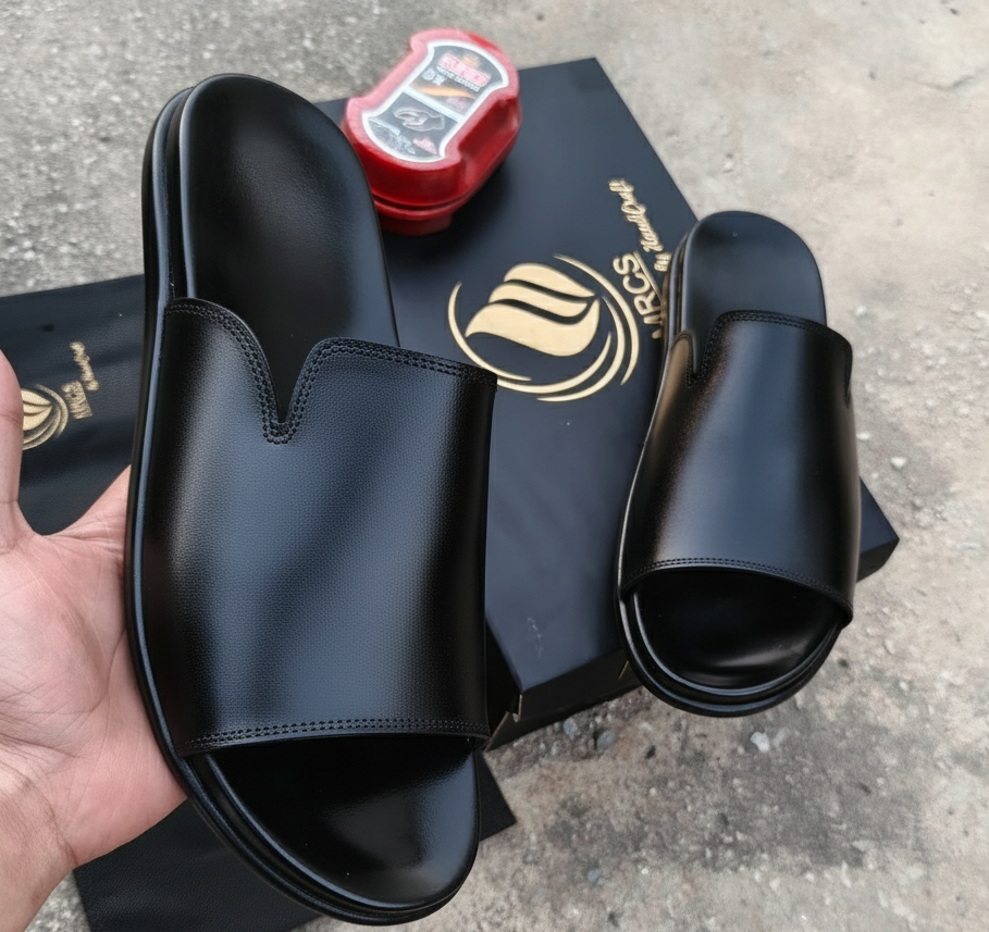 Men’s  Black Leather Slide Slippers – Handmade Slip-On Casual Sandals For Men.