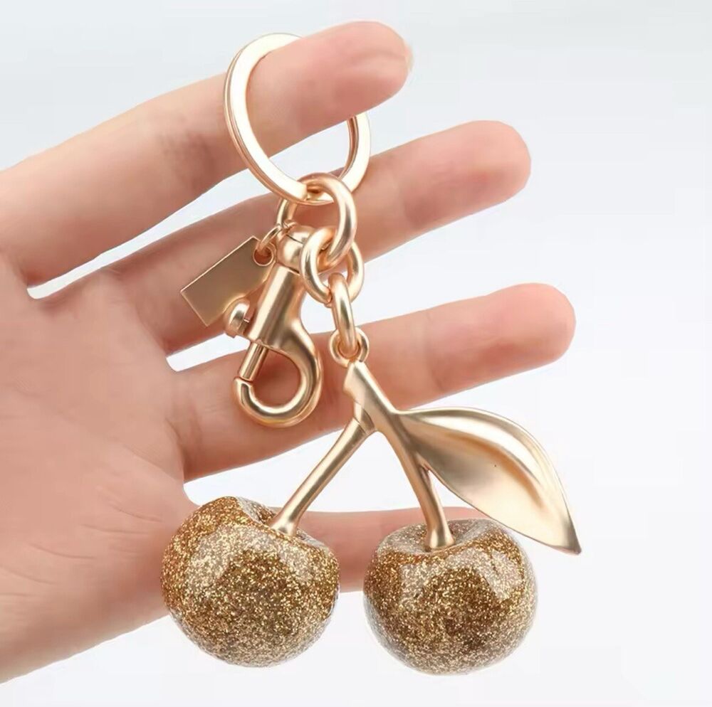 Cherry Bag Charm KeyChain Glitter resin and metal Brass Gold Cherry Bag Chain