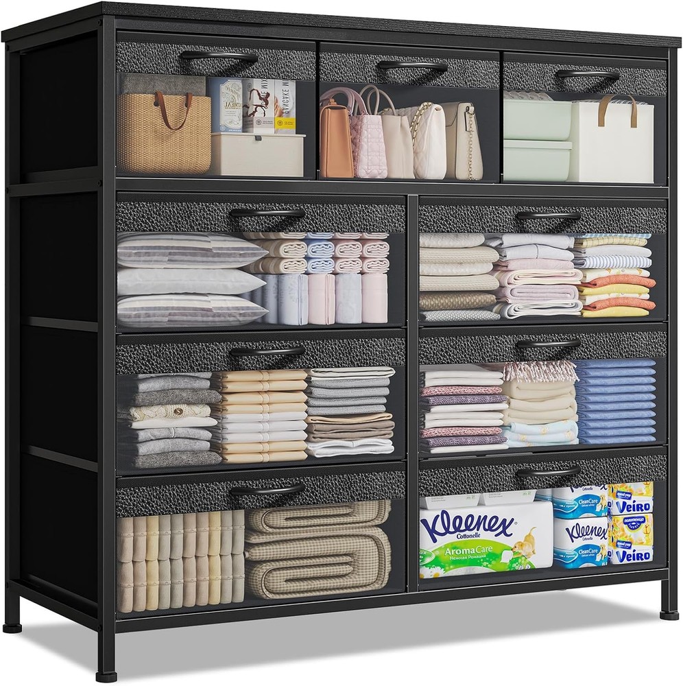 Clear & PU Dual Drawer 9-Drawer Fabric Dresser for Closet Organizer