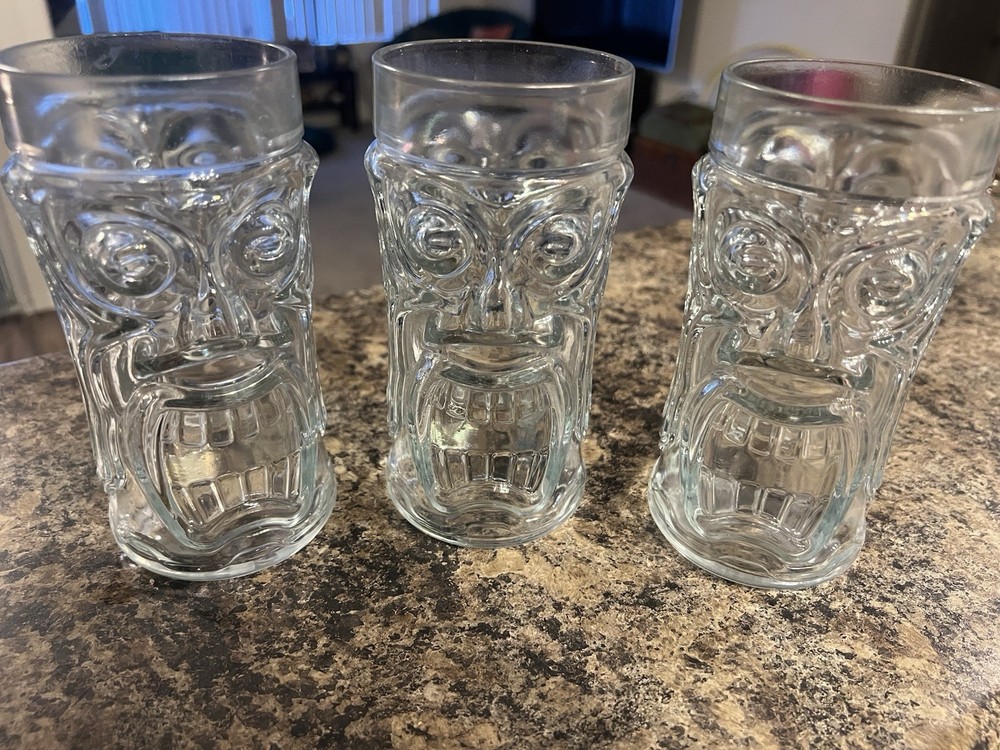 3 Tiki Screaming Face Drinking Glasses Clear Anchor Hocking 16 oz Heavy Glass