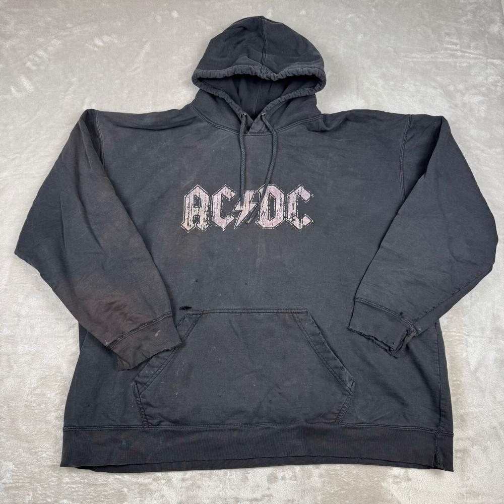 Vintage AC/DC Distressed Hoodie Pullover Black Sweatshirt XL 80s Rock Music
