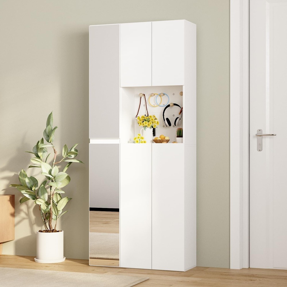 Mirrored Storage Cabinet with Adjustable Shelves & Pegboard Wooden Organizer  