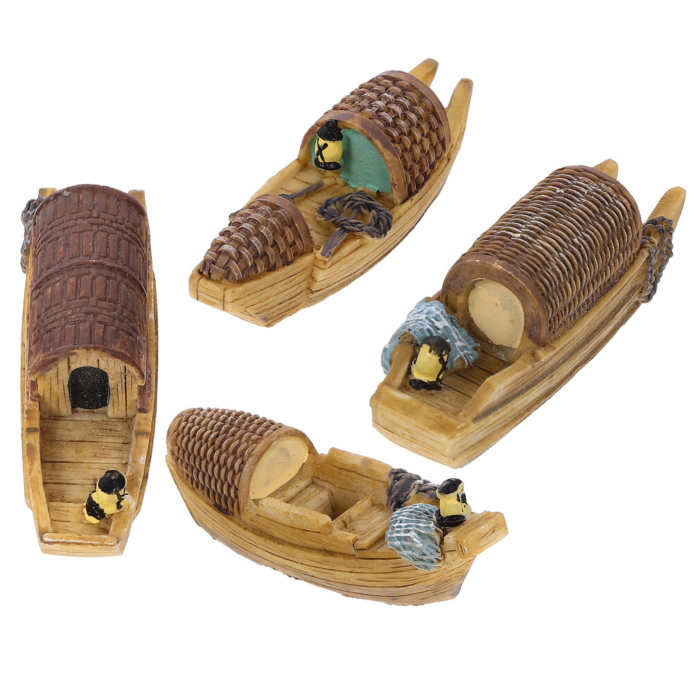 4PCS Resin Small Wooden Boats Fish Tank Landscaping Ornaments Decorations