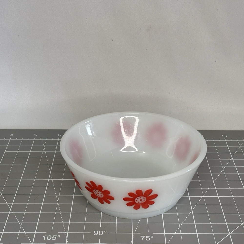 Set of 2 Anchor Hocking Glasbake Red Daisy Milk Glass Bowls USA Vintage 310