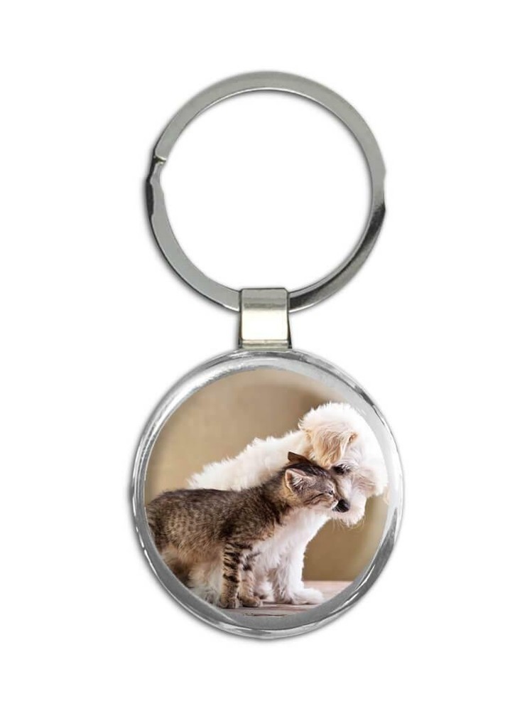 Gift Keychain : Dog And Cat Kissing Best Pals Pet Puppy Animal Cute Friend