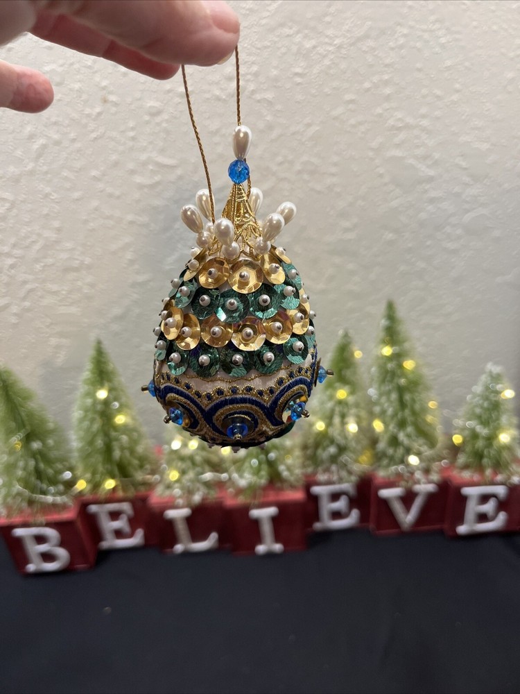 Vintage Push Pin Ornament Oval  Sequined Beaded 4” gold, green and blue