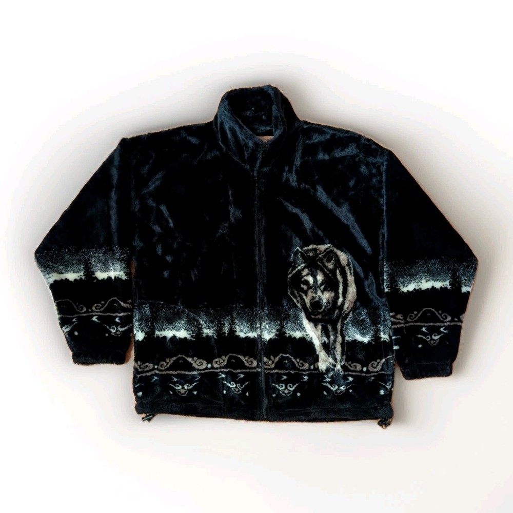Vintage Bear Ridge Outfitters Wolf Print Fleece Jacket USA Made Mens M