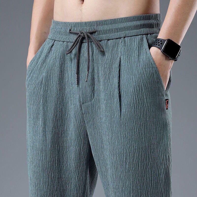 Ice Silk Linen Man Sport Pants Wide Summer Spring Autumn Halking Harem Trousers