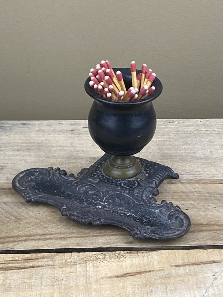 Vintage Cast Iron Brass Wood Pedestal Match Holder for Tabletop