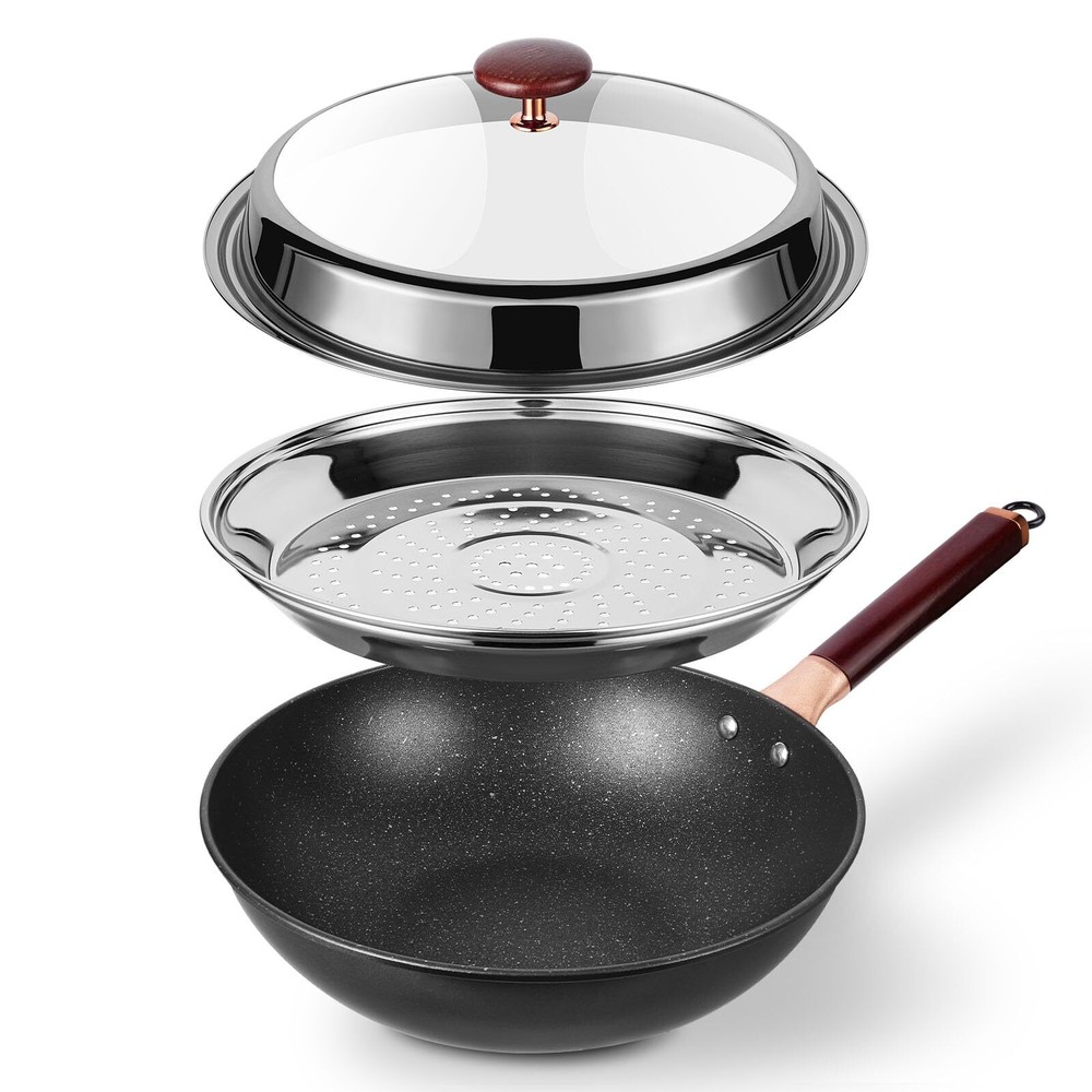 12.5” Woks & Stir-Fry Pans with Lid Steamer, Nonstick Ceramic Wok Pan with Li...