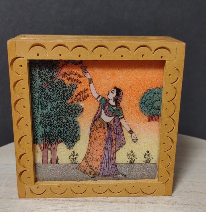 Hinged Wooden Trinket Box Featuring Indian Lady Feeding Bird Design 3.5 Inch Square