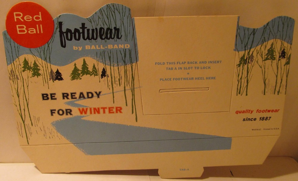 Red Ball Footwear Cardboard Ball Band Shoe Store Winter Display Ad Sign 1950s