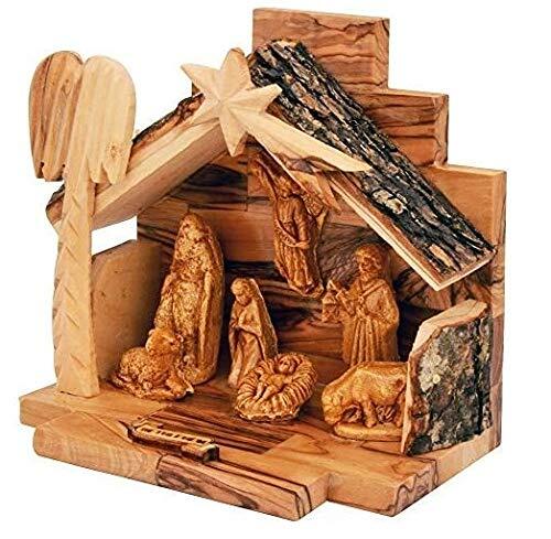 Olive Wood Nativity Set with Figurines, Bark Roof Stable Made in Bethlehem