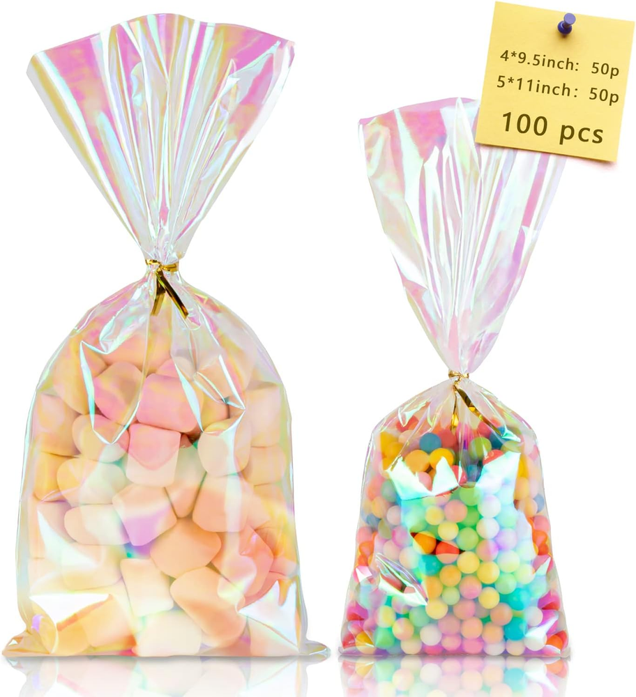 100Pcs Iridescent Cellophane Bags Goodie Bags Candy Bags 5×11 4×9.5 Treat Bags w