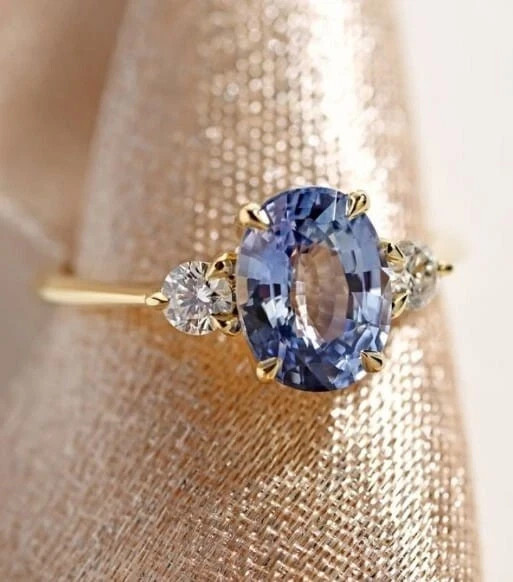 3.65 Ct Oval Cut Blue Sapphire Diamond Wedding Ring 14K Solid Yellow Gold