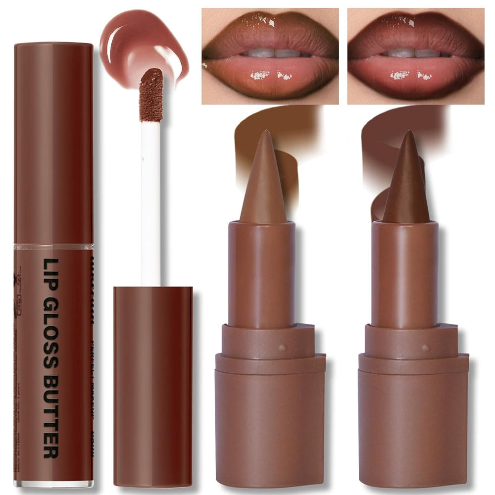 2-Color Lip Liner & Gloss Set - Moisturizing Light Brown & Dark Lip Pencil